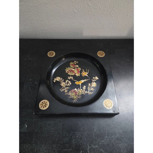 Florentia Italy 9.5" Hand-Painted Wooden Tray Birds & Floral Gold Accents - Picture 1 of 7